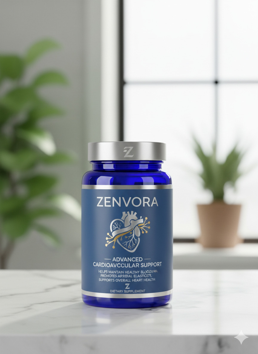Zenvora food supplement bottle with label on a neutral background